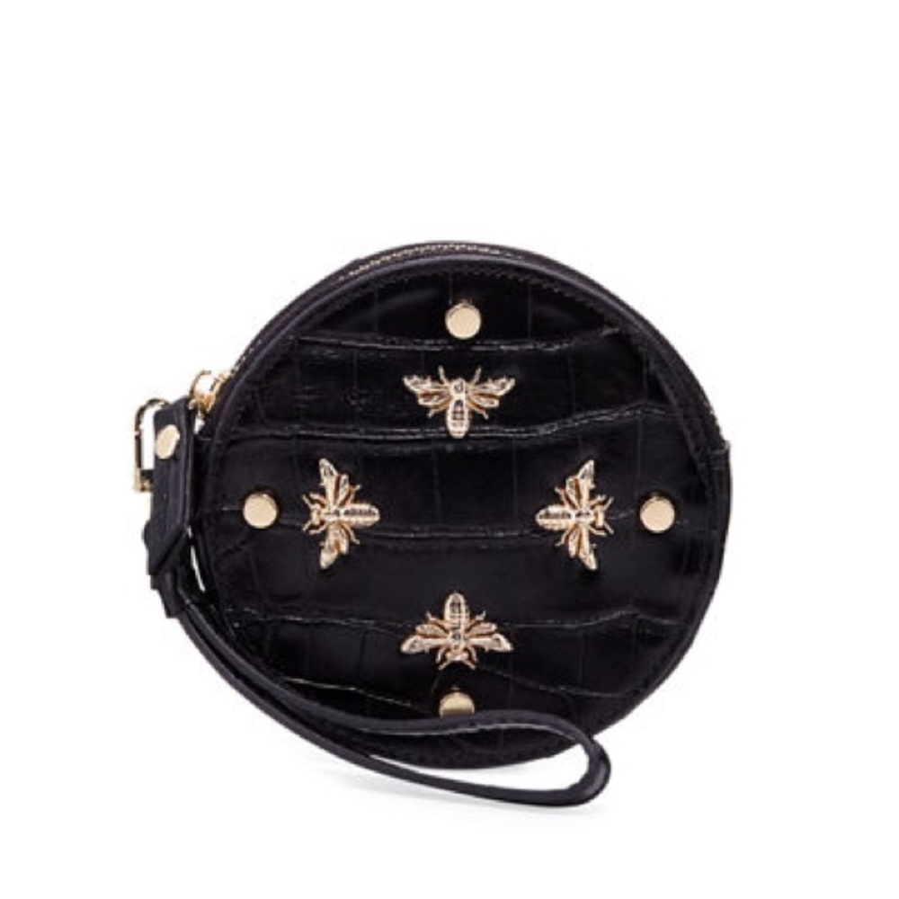 Bee charm embossed leather round wristlet